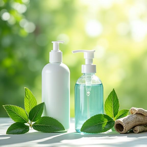 Eco-friendly cleaning supplies with green leaves